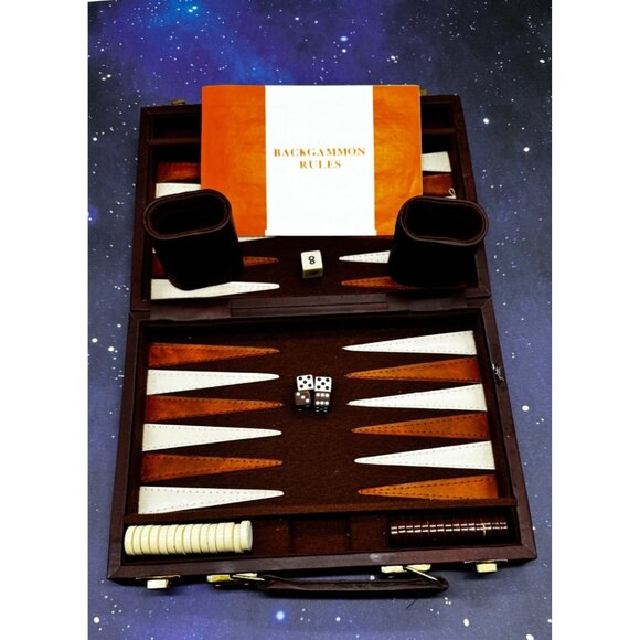 Vintage Backgammon Game Stripe Leatherette Set Briefcase Folding Travel Case - Picture 3 of 14